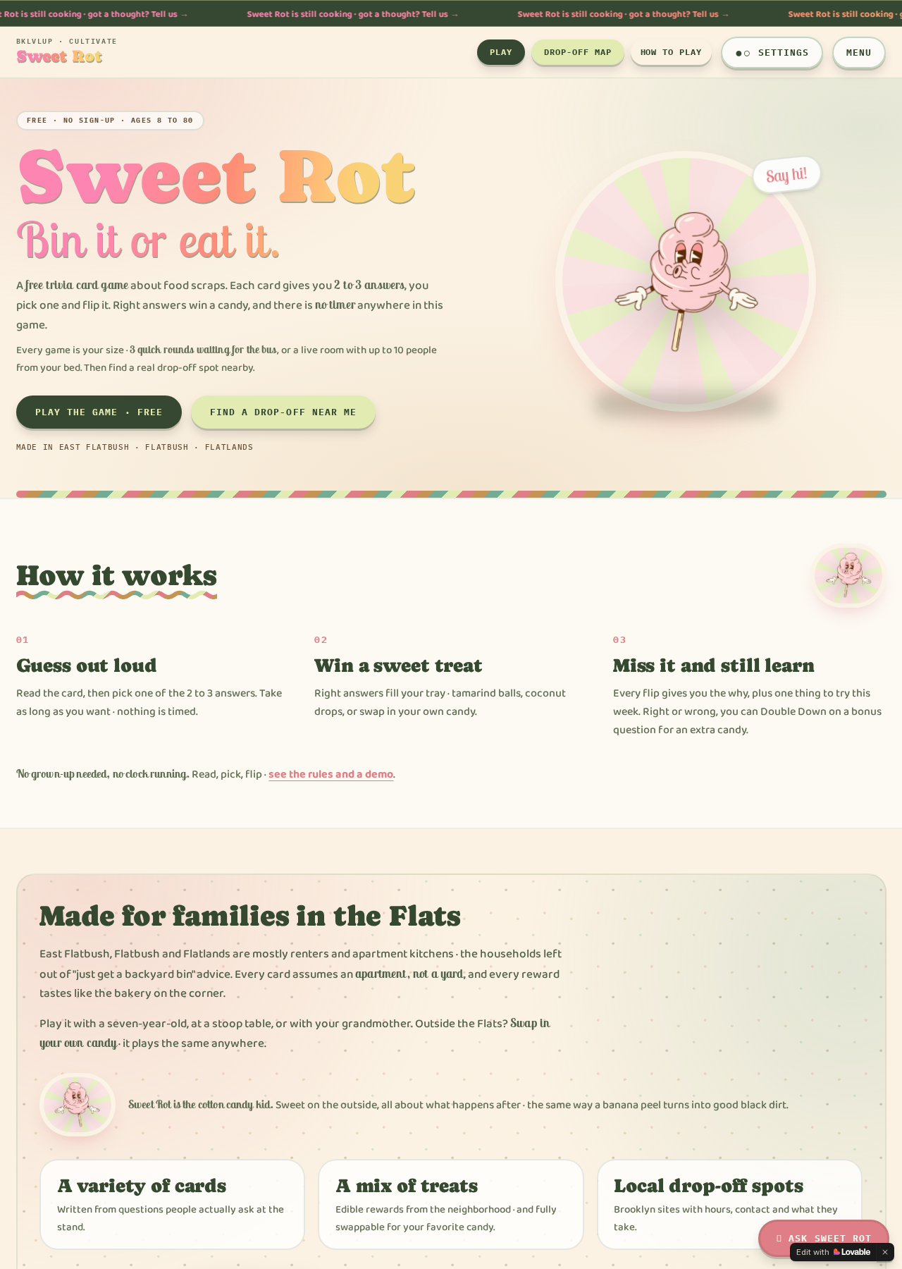 Screenshot of the Sweet Rot website homepage showing the composting trivia card game